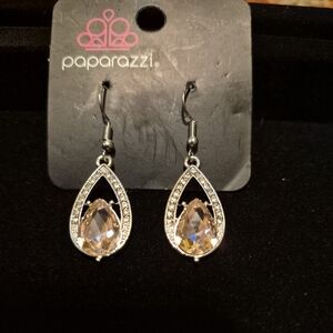 Paparazzi Silver Teardrop Earrings with Champagne Crystal